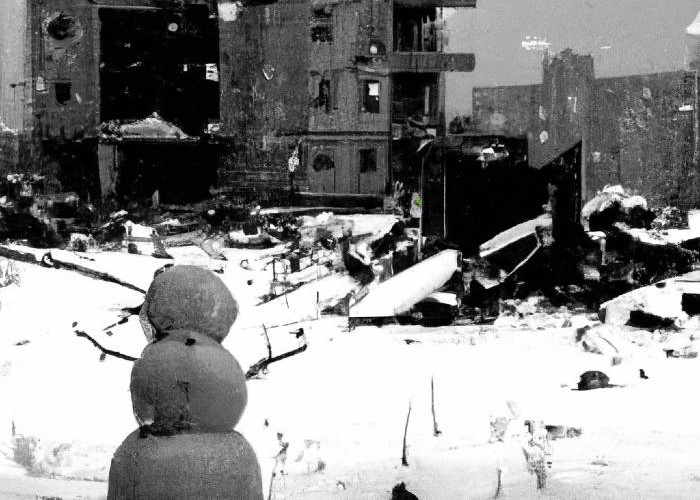 2. DALL·E 2023-03-16 23.22.22 - in the style of edward hopper, black-and-white picture of war in Ukraine_ a ruined snowman missing some parts, snow falling, and fresh graves in the b