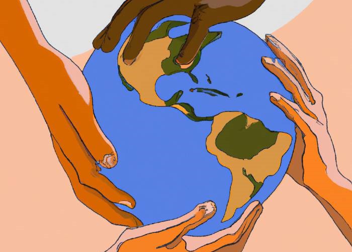 222 DALL·E 2023-04-22 08.49.49 - in the style of edward hopper, several hands of different skin colors holding the planet earth for protection