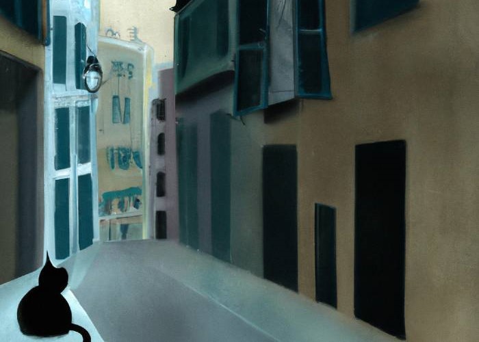 3.- black cat in a street with houses in the style of Edward Hopper