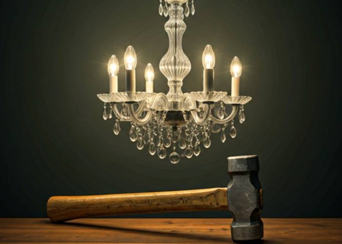 a chandelier hanging over a sledgehammer